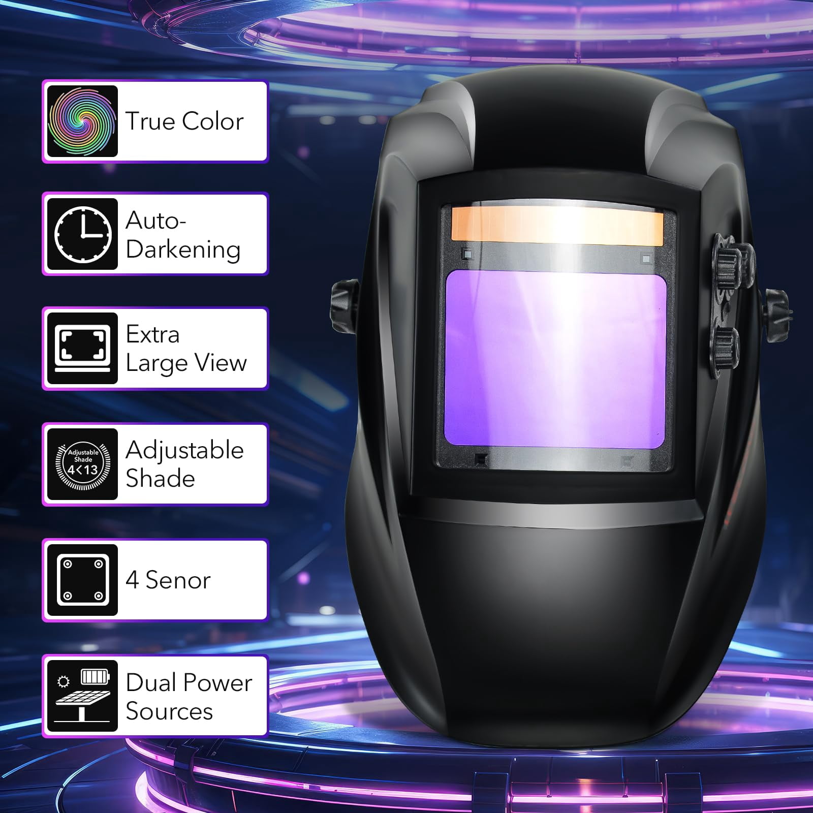 Welding Helmet Auto Darkening - Large Viewing True Color Solar Powered Welding Hood with 4 Arc Sensor Adjustable Wide Shade Range 4~5-8/9-13 Welder Mask for TIG MIG ARC Weld Plasma Cut Grinding