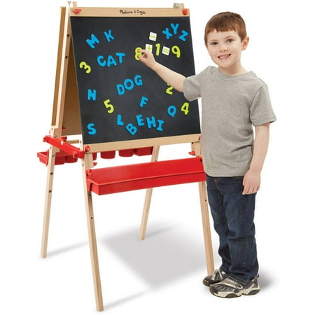 Melissa & Doug Deluxe Magnetic Standing Art Easel With Chalkboard, Dry-Erase Board, and 39 Letter and Number Magnets