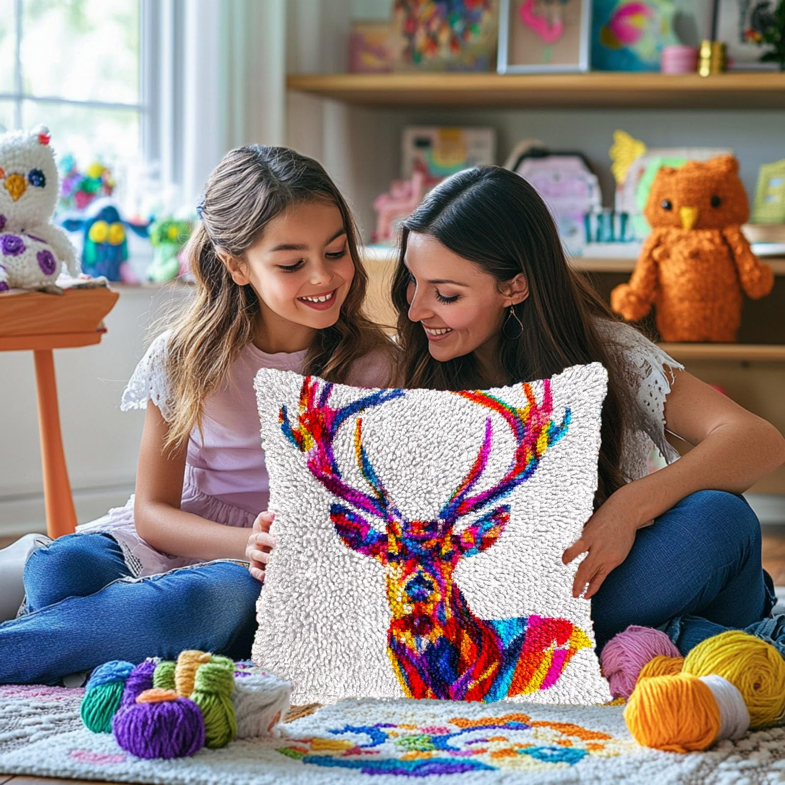 Colorful Abstract Elk Deer DIY Latch Hook Pillow Kits for Adults Printed Pillowcase Crochet Yarns Hooking Handmade Pillow Cover Cushion for Home Sofa Decoration 17x17inch(2)