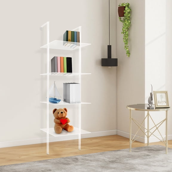 4-Tier Clear Small Acrylic Ladder Bookshelf Wall Mounted Book Shelf Multipurpose