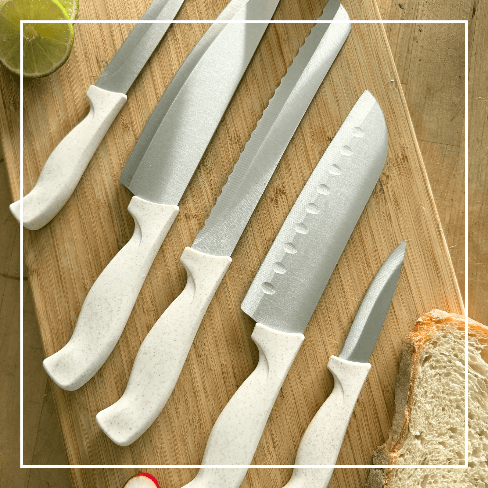 Beille 5pc Stainless Steel and Wheat Fiber Kitchen Knife Set (Utility, Paring, Santoku, Chef and Bread Knives)
