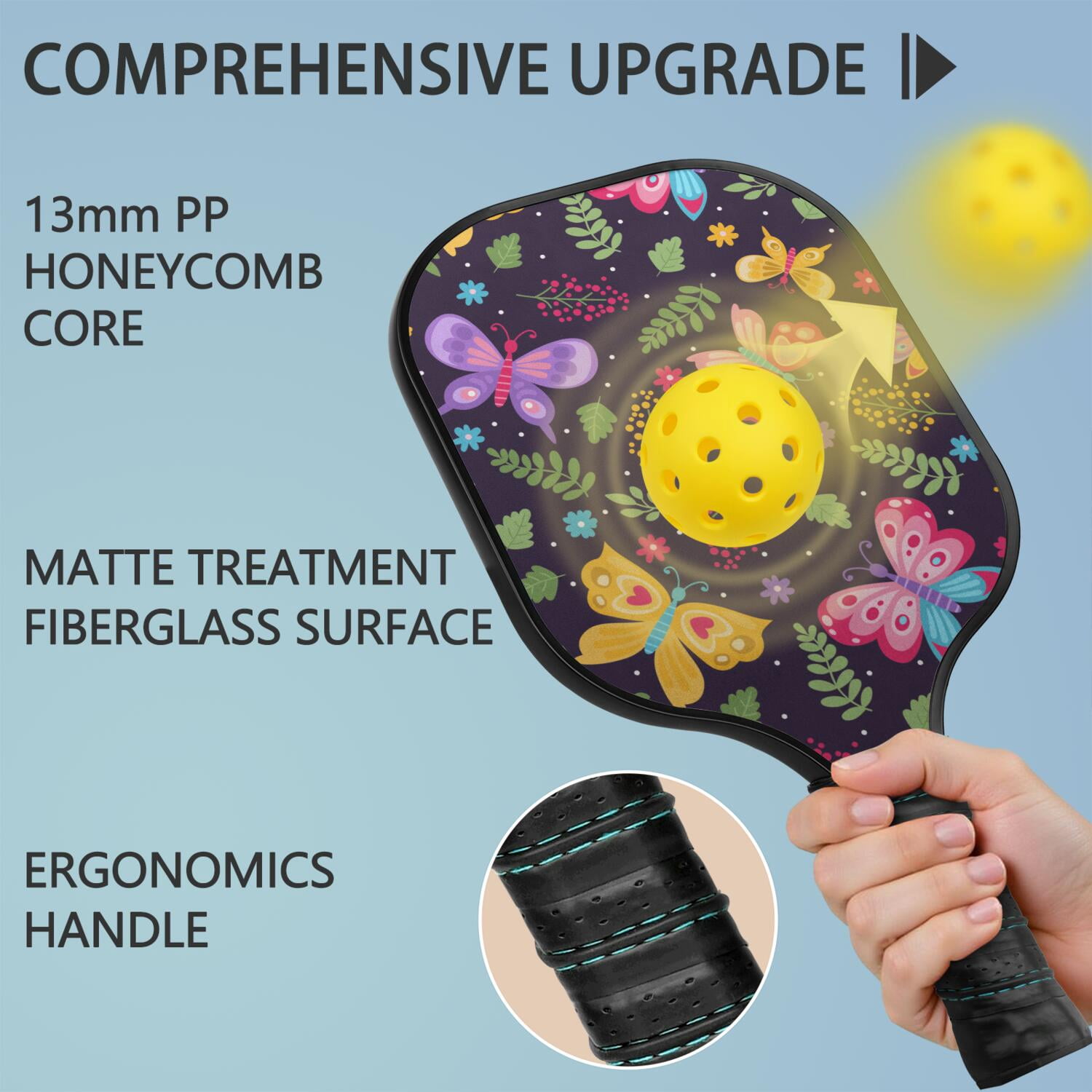 Pickleball Paddles Set Of 2, Fiberglass Surface, Vintage Floral & Butterfly, 4 Balls & Bag