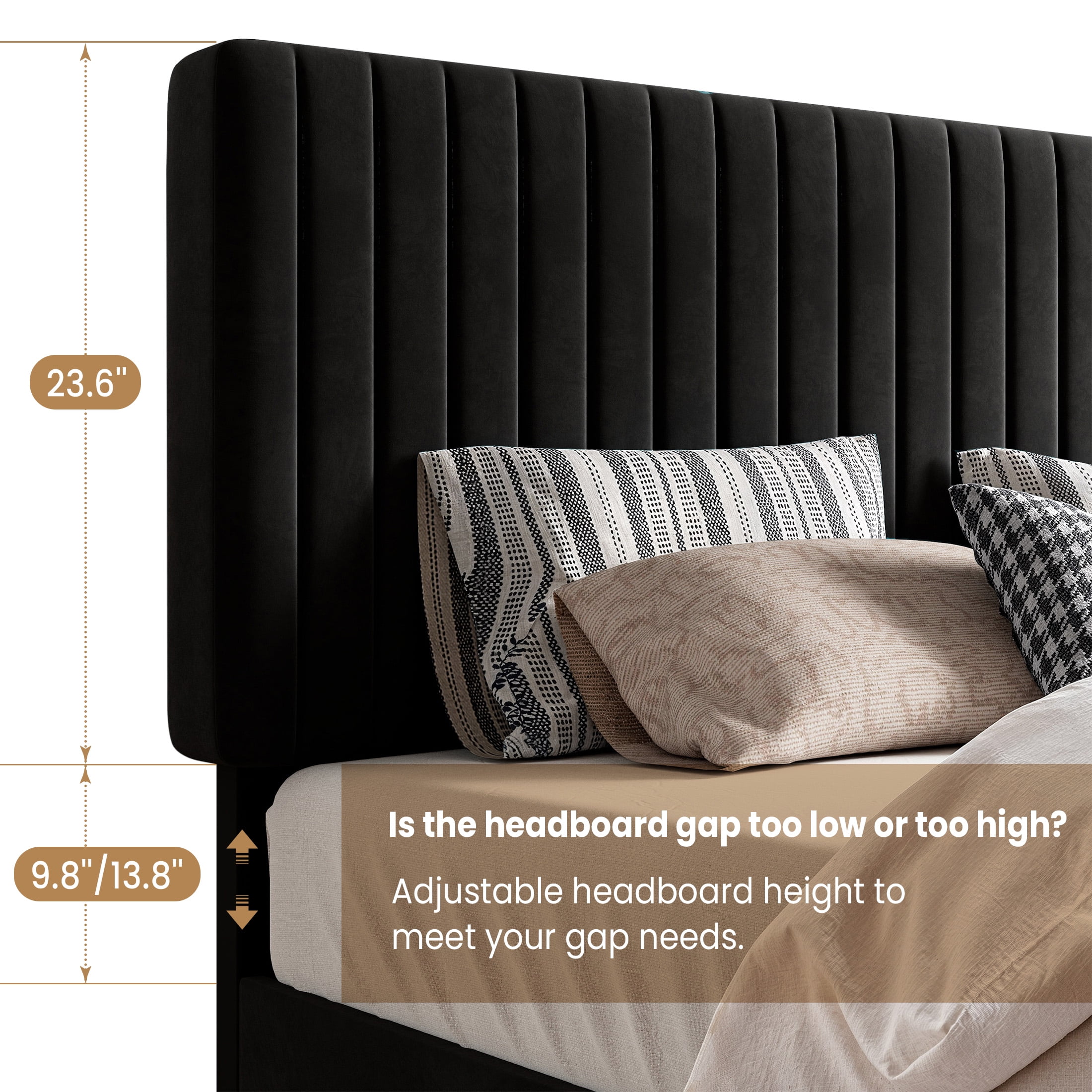 SHA CERLIN Black King Size Upholstered Platform Bed Frame with Adjustable Channel Velvet Headboard