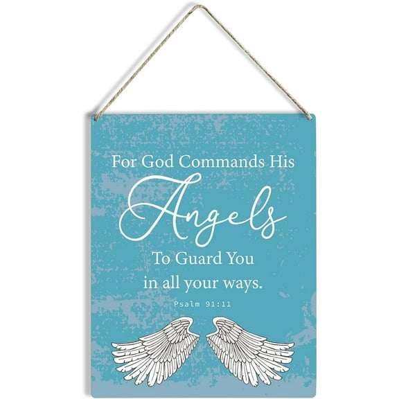 for God Commands His Angels Bible Verse Wood Sign 8x10 Rustic Christian Wooden Hanging Plaque for Home Wall Art Decoration Present