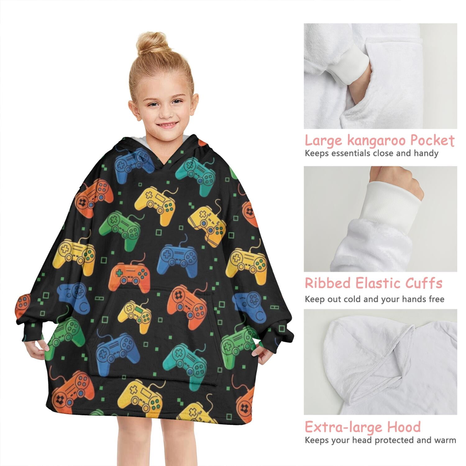 Multicolor Controllers Games Icons Black Pattern Blanket Hoodies for Kids 6-13YR Oversize Wearable Blanket Hoodies for Boys Girls Teens