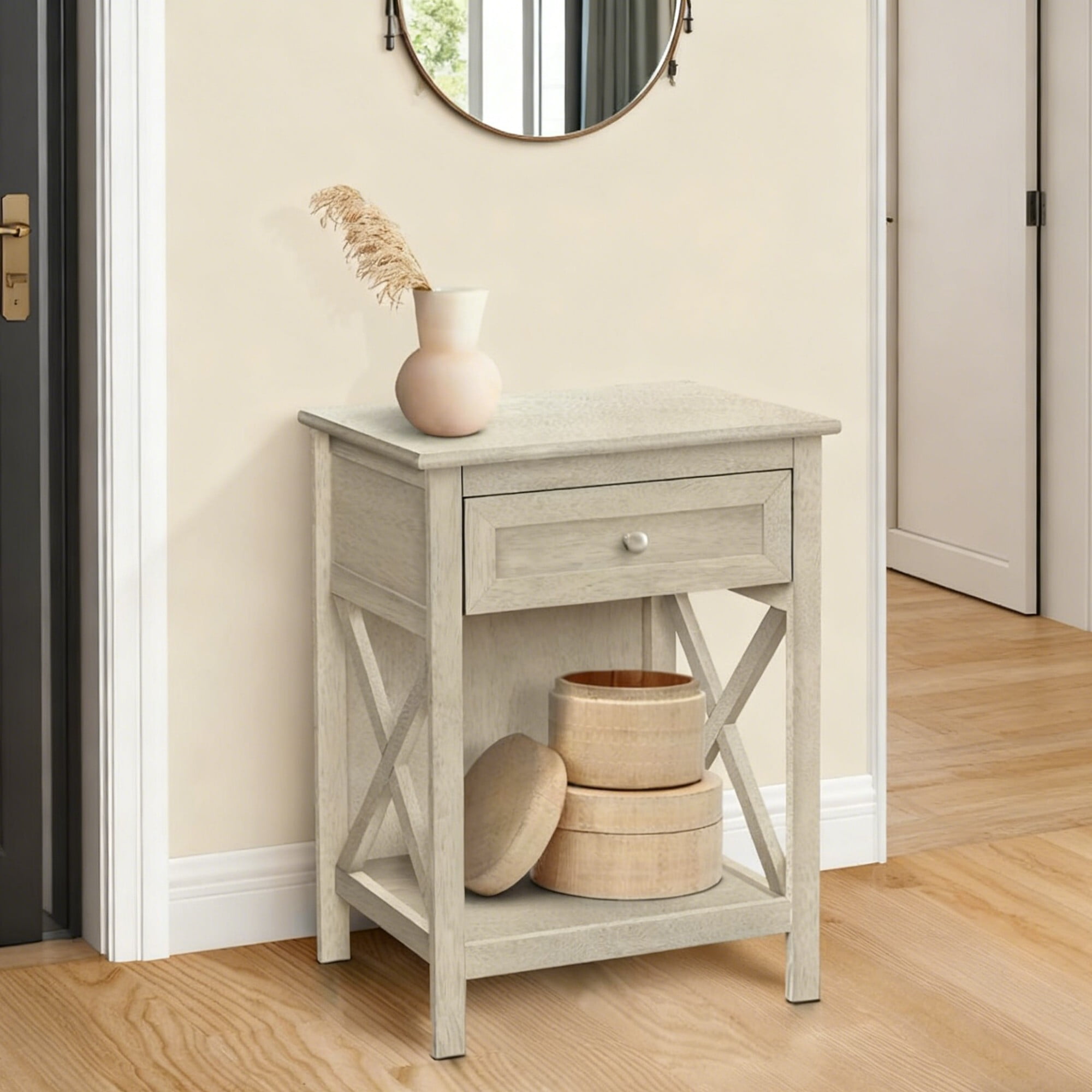 AENKYO Bedside Table with Drawer, Farmhouse End Table with Storage & Bottom Shelf for Living Room, Bedroom, Antique Gray