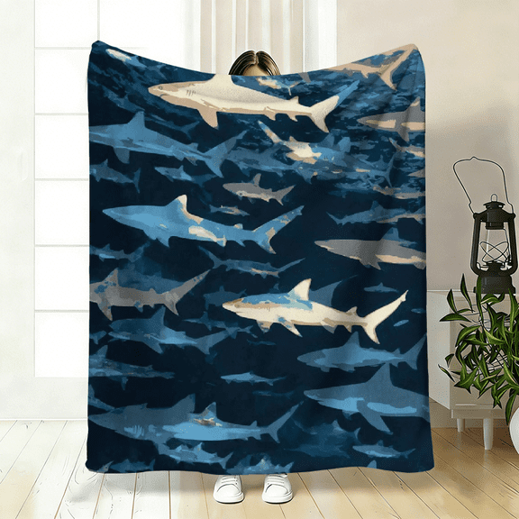 2026 Shark School Dark Art Flannel Blanket, Soft Warm Lightweight Throw, Digital Print Cozy Bedspread for Sofa Camping Office, Machine Washable Home Decor
