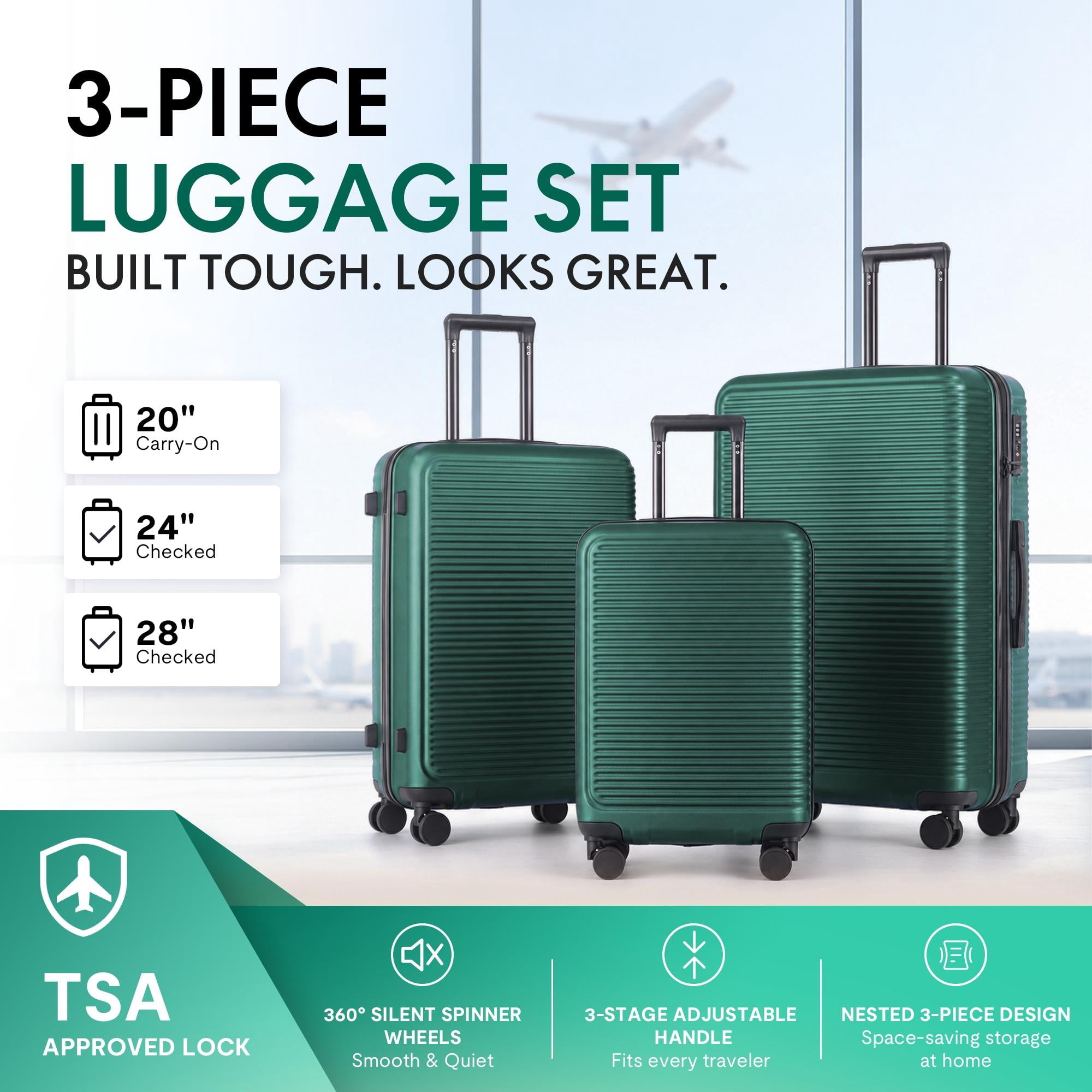 3-Piece ABS Hardshell Luggage Set, Lightweight Scratch-Resistant Suitcases with Silent Spinner Wheels & TSA Lock, Dark Green