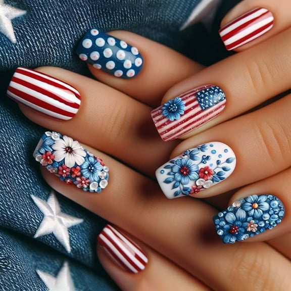 Huhudde 24pcs Independence Day Press On Nails Square False Nails With Flower Design Artificial Nails For Festive Occasion