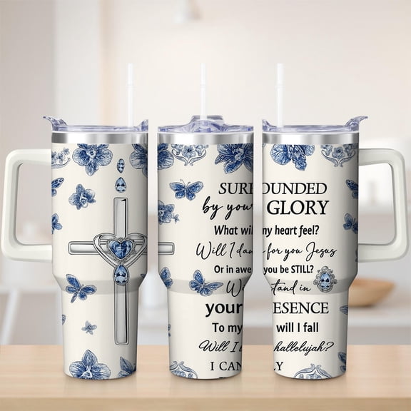 Floral Cross Design Stainless Steel Insulated Mug with Lid and Handle, 30oz