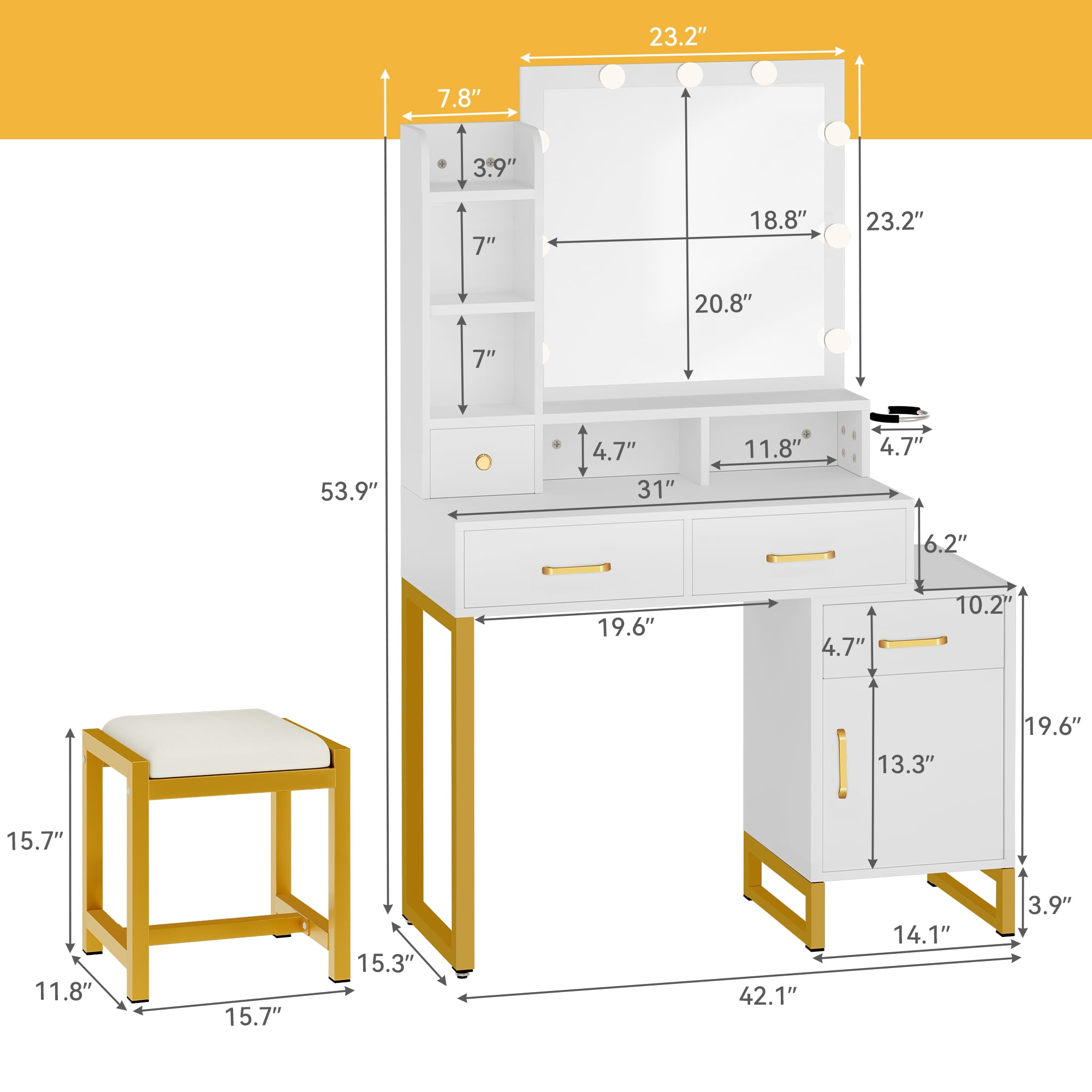 Uforic Makeup Vanity with Lights, Adjustable Lighting Mirror and Drawers, White Finish with Power Outlet