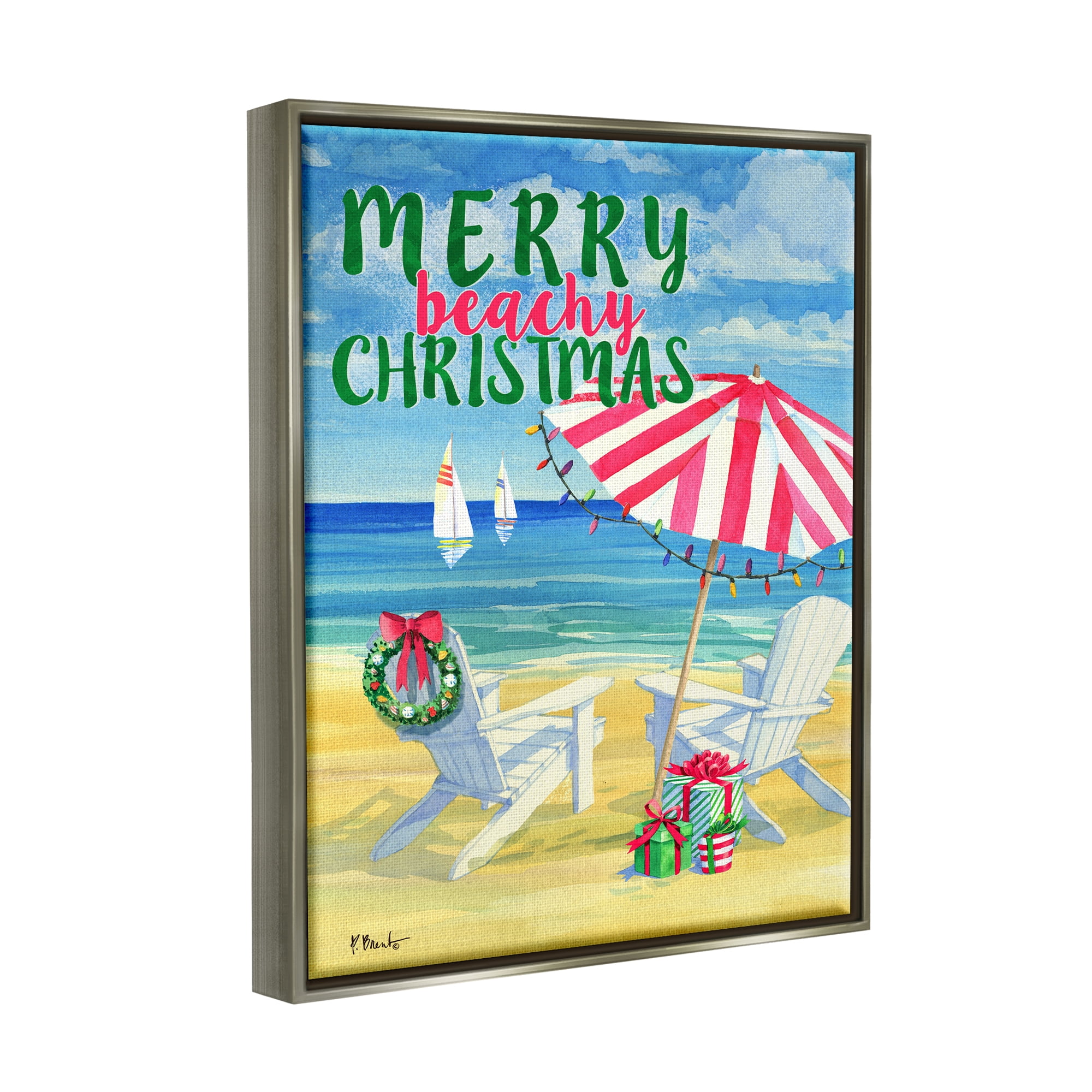 Stupell Industries Merry Beachy Christmas Holiday Painting Gray Floater Framed Art Print Wall Art, 17 x 21