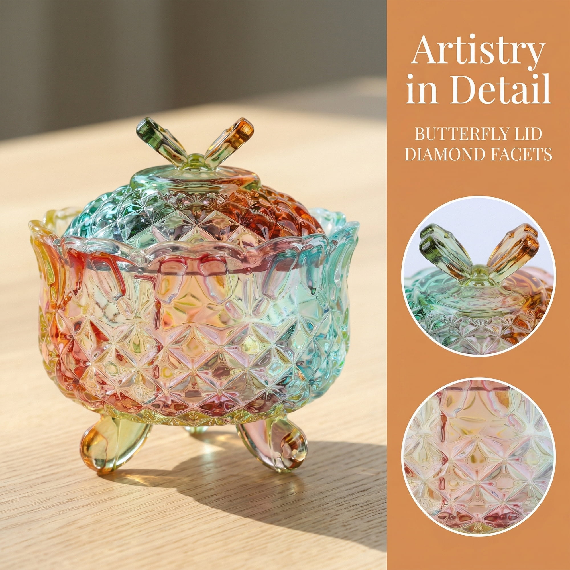 Unique Bargains 8.5oz Crystal Glass Jar with Lid Decorative Dish for Vanity Multicolor