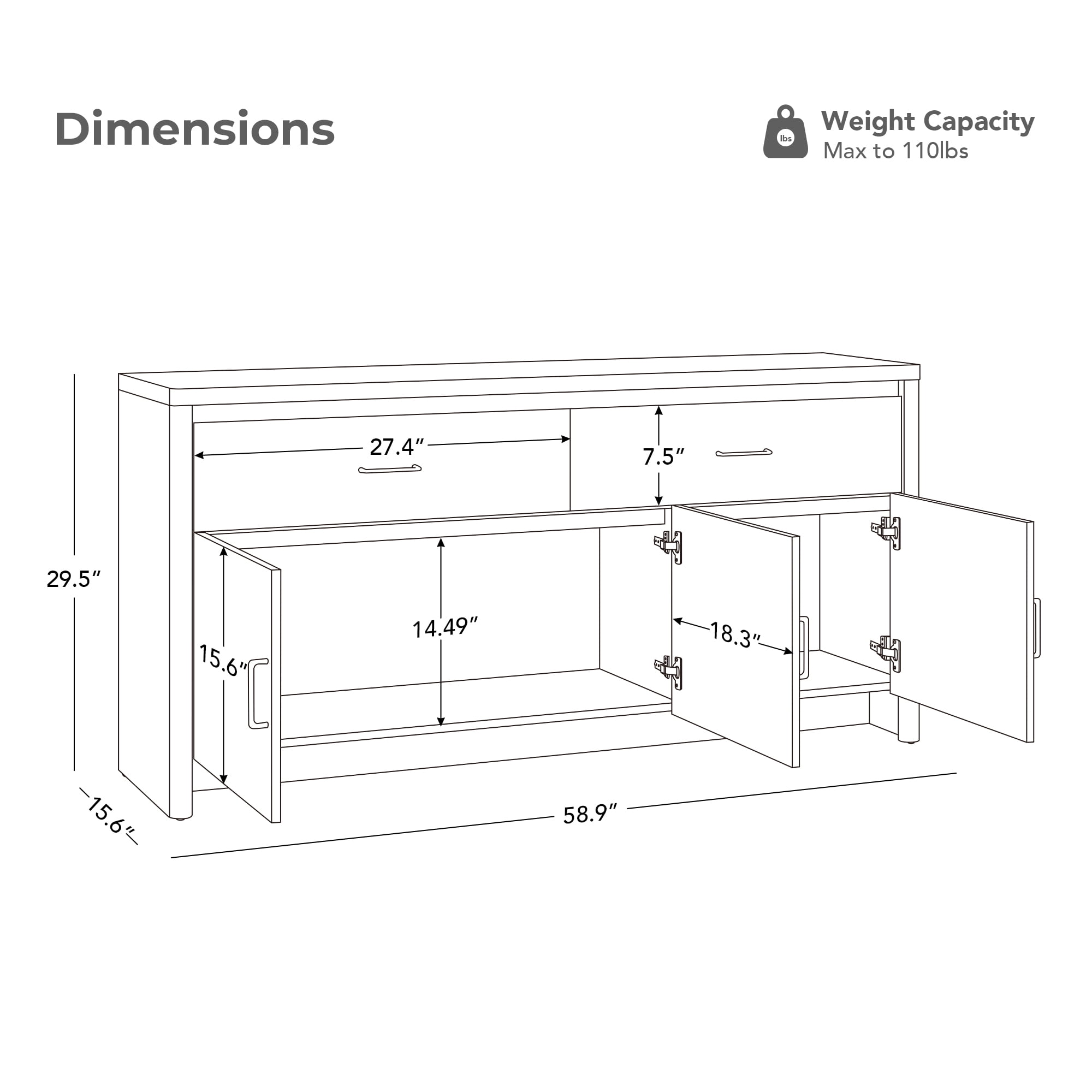 Spruce & Spring 59" Curved Sideboard Buffet Cabinet with Storage, Modern 3-Door 2-Drawer Credenza for Dining Room Living Room Entryway, Oak