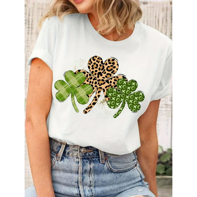 Camiseta de manga corta con estampado de trébol para mujer: estilo informal, cómoda, de algodón elástico, cuello redondo, lavable a máquina, ideal para todo tipo de climas. Para adultos, hombres, muje