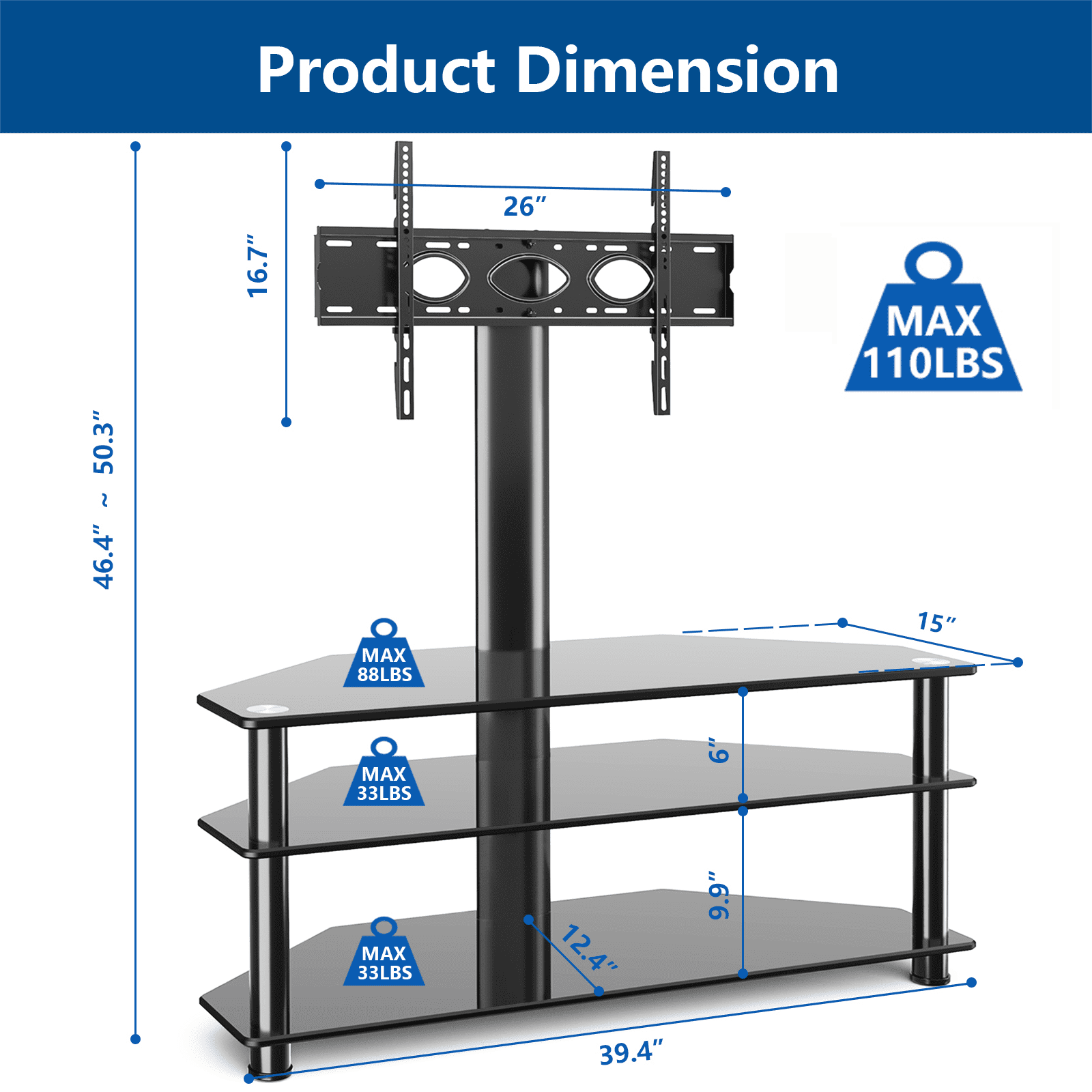 RTVR Corner TV Stand with Mount for 32 to 65 inch Flat Screens up to 110 lbs, 3 Tier TV Stand Table with Glass Shelves, Black