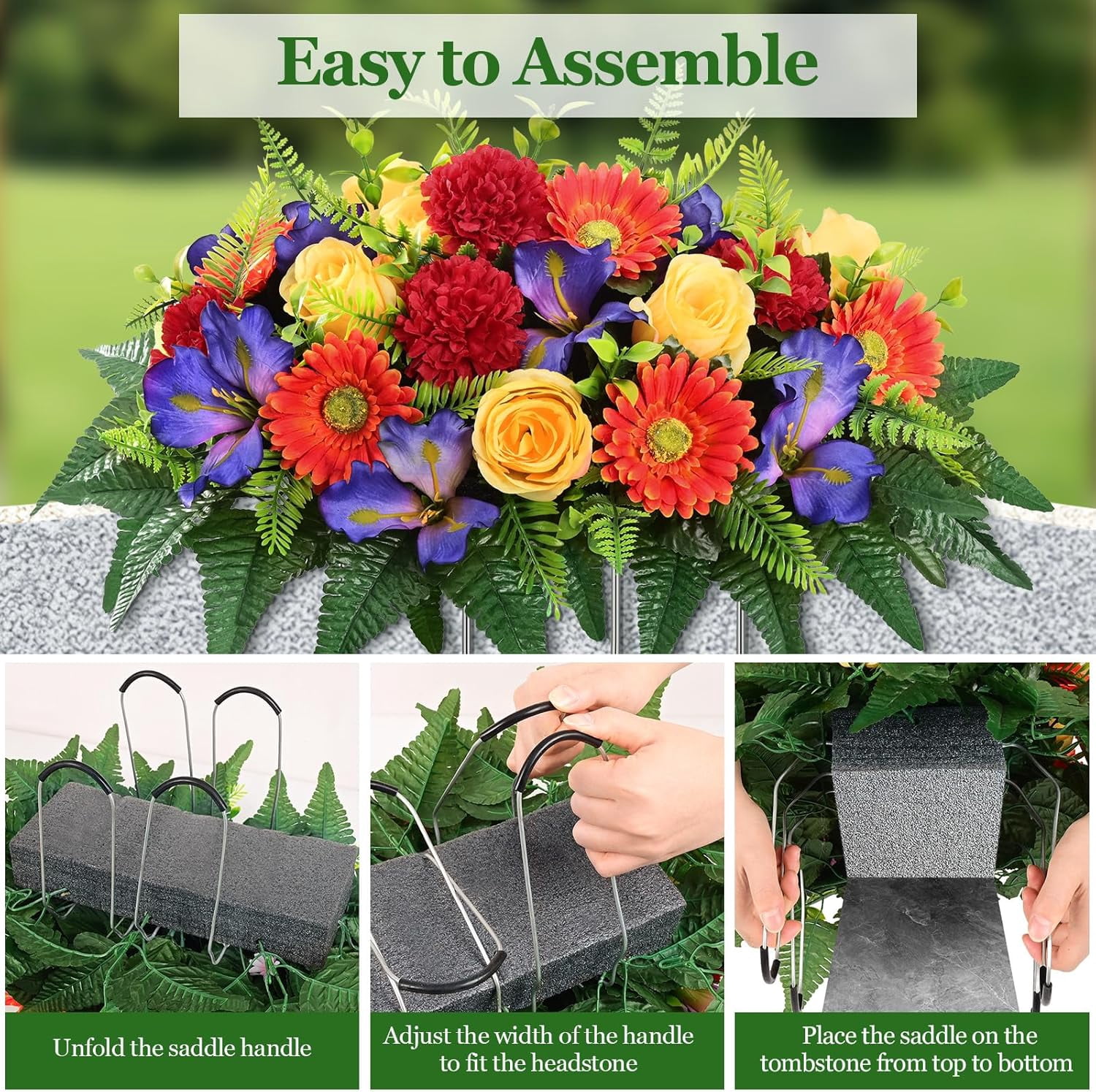 3 Sets Artificial Cemetery Flowers for Grave, Realistic Headstone Flower ,  Memorial Day Flowers, Mixed Blooms Grave Decorations for Cemetery (Colorful)
