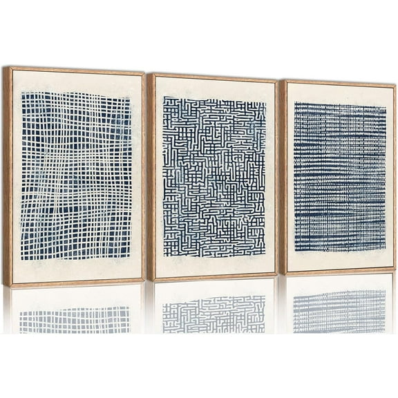 FCCUYE Abstract Wall Art Navy Blue Gray Canvas Large Framed Set of 3 Modern Minimalist Neutral Color Block Shape Artwork Blue Printing Pictures Wall Decor for Living Room Bedroom Office-12x16in