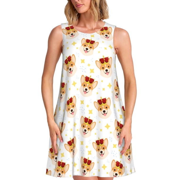 Fotbe Funny Corgi Vestido de Verano sin Mangas para Mujer – Vestido Midi Línea A, Estilo Camiseta Floral, Vestido Playero Casual y Fluido