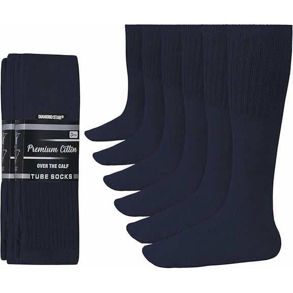 Diamond Star Men’s Tube Socks – Premium Cushioned Cotton Over the Calf Athletic Knee High Socks (Navy - 6 Pairs 31 inches Big & Tall Over The Calf Socks Fit Size 13-16)