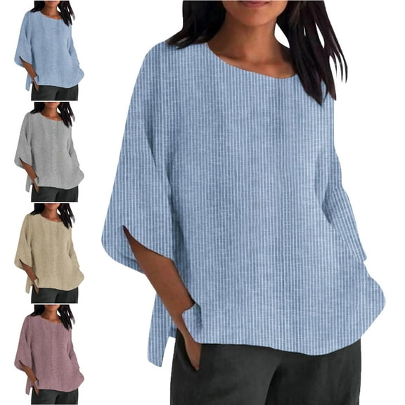 3/4 Length Sleeve Womens Tops Round Neck Women's Summer Striped Round Neck Loose Cotton And Linen Top T Shirt 3/4 Sleeve Plus Size Tops for Women,Light Blue,S