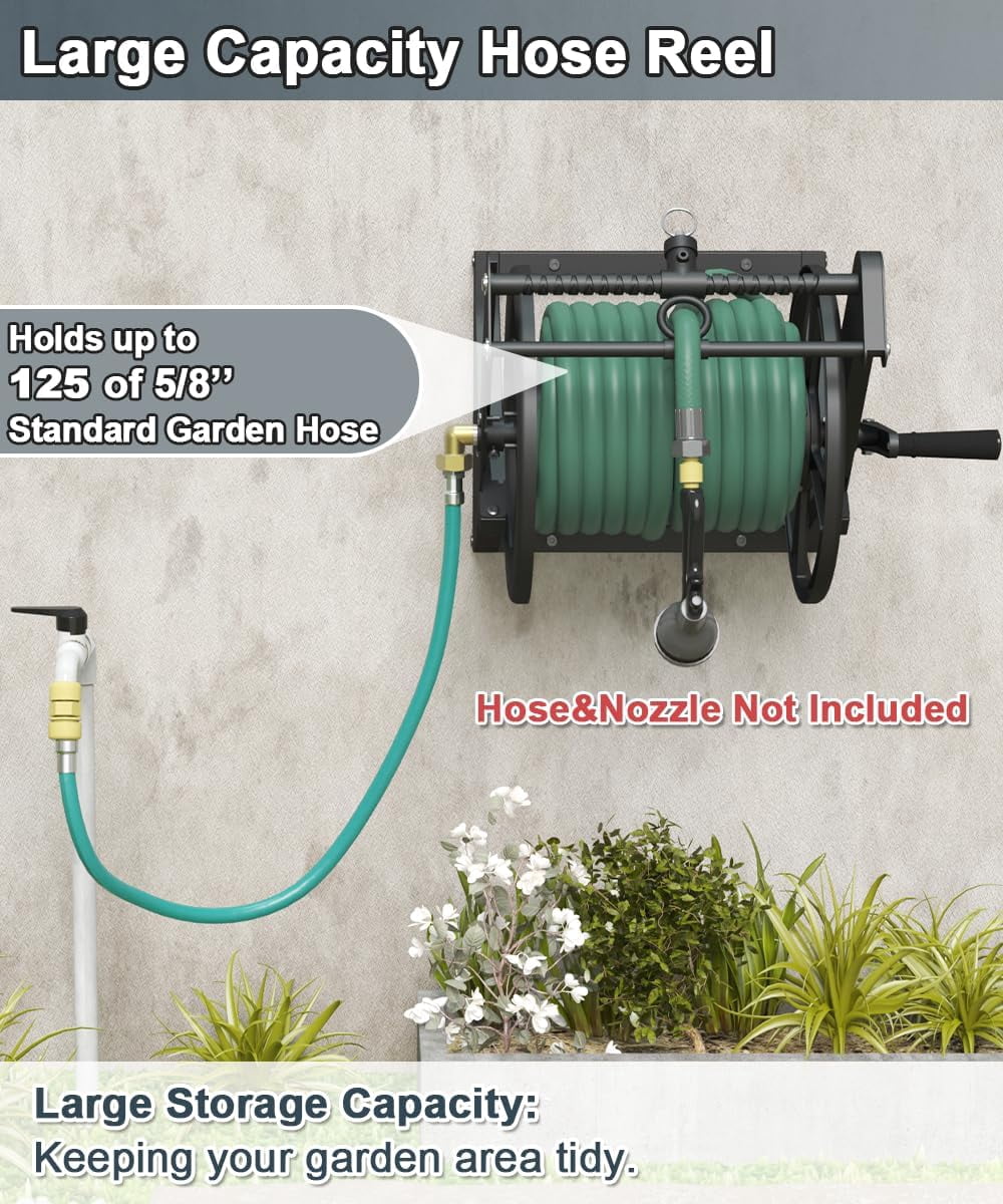 Wall Mounted Reciprocating Garden Hose Reel with Hose Guide, Outdoor Heavy Duty Metal Water Hose Holder Storage Rack Holds 125ft of 5/8'' Hose with Brass Fitting & 3.9ft Leader Hose, Black
