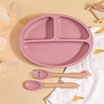 thumbnail image 1 of SNNROO 3pcs/Set 100% Silicone Baby Feeding Set With Suction Bottom Plate And Wooden Handle Spoon & Fork, 1 of 7