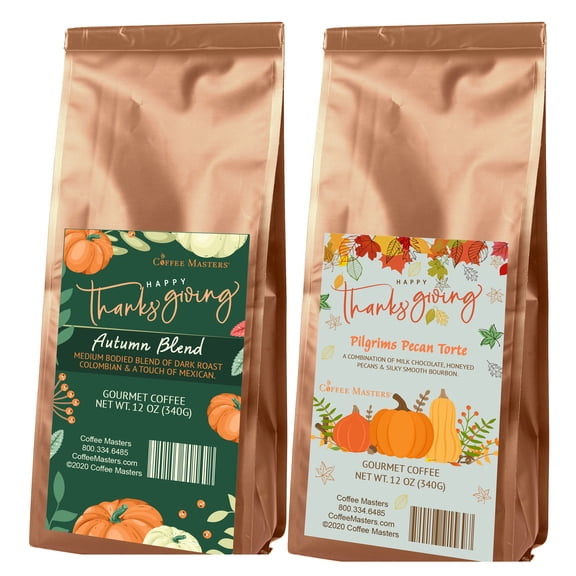 Coffee Masters Thanksgiving Coffee Sampler - Autumn Blend and Pilgrims Pecan Torte 12 oz Ground Coffee