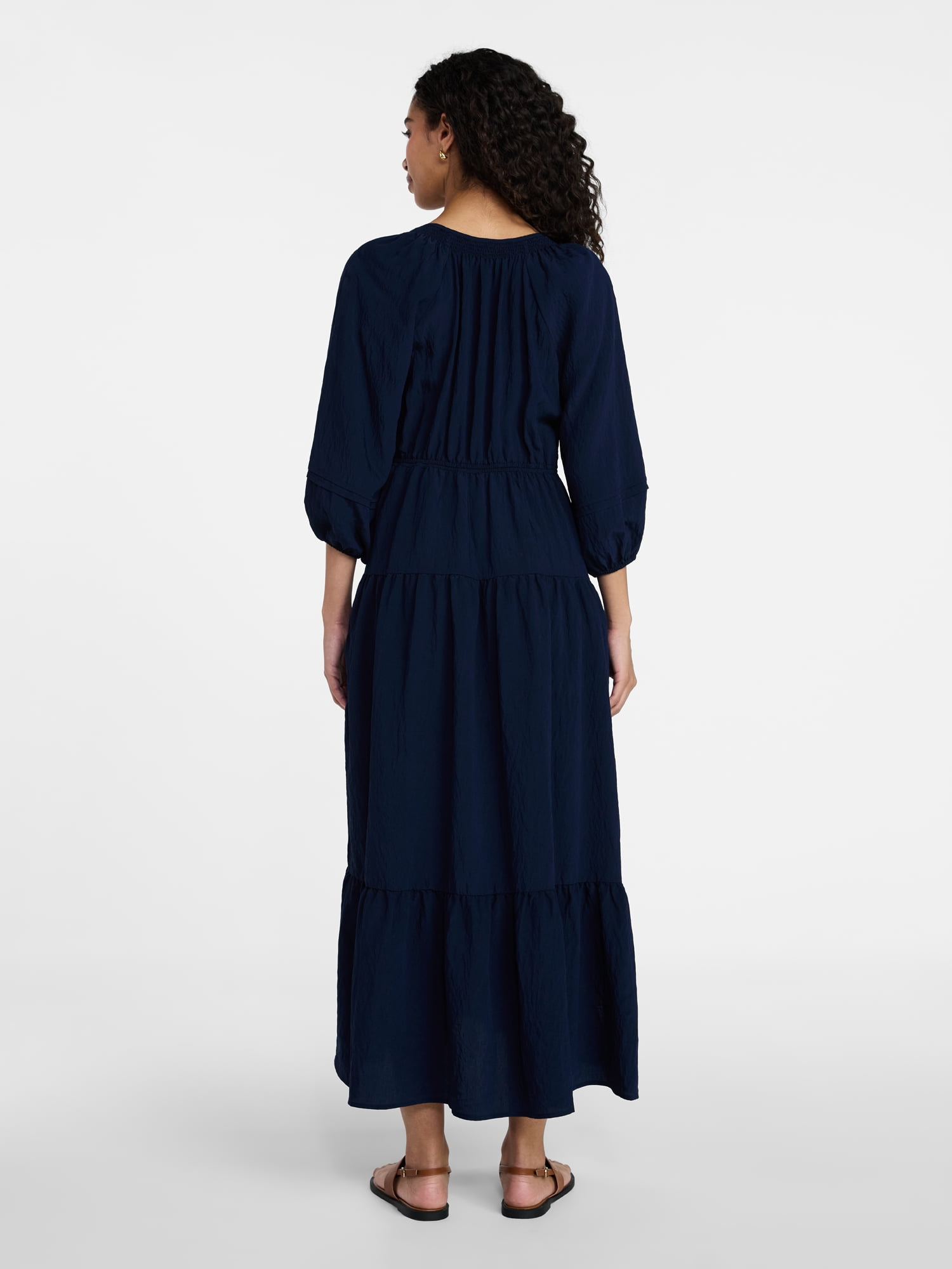 Time and Tru Women's Tiered Maxi Dress with 3/4 Length Sleeves, Sizes XS-XXXL