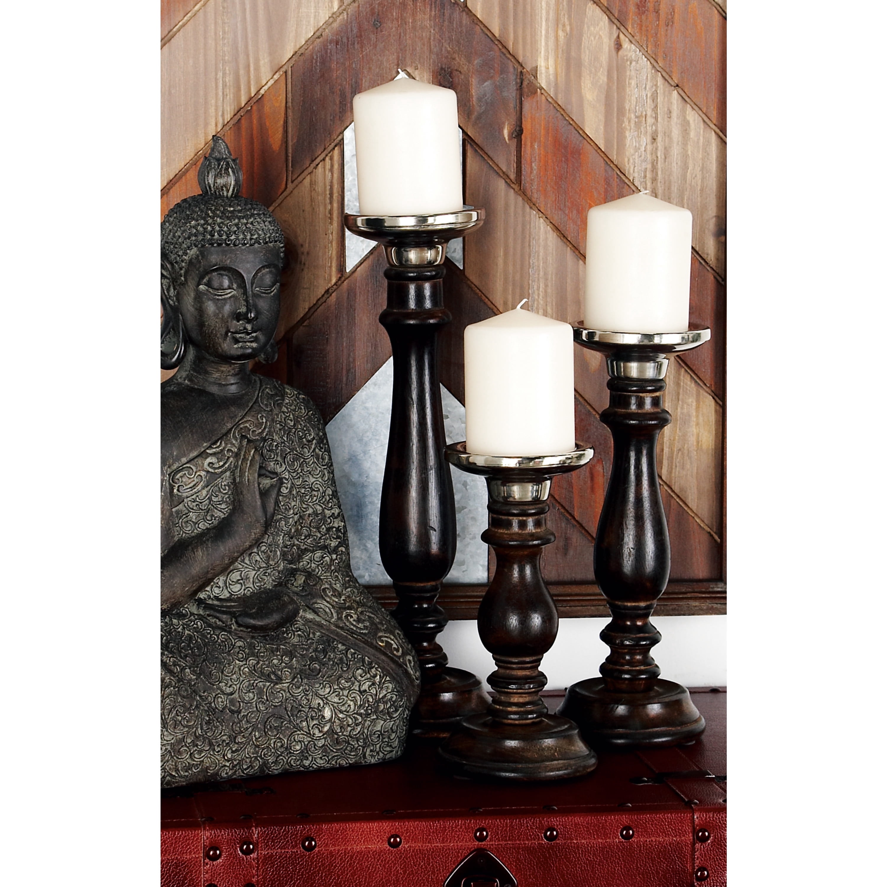 DecMode 9", 12", 15"H Traditional Candlestick, Dark Brown, 3 - Pieces