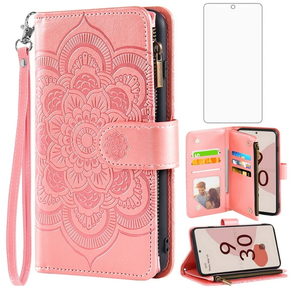 Asuwish Compatible with Google Pixel 6 Wallet Phone Case and Tempered Glass Screen Protector Flower Faux Leather Flip Credit Card Holder Stand Zipper Cell Cover for Pixel6 Pixle Six Women Pink