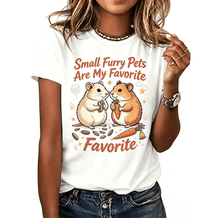 Women’s Relaxed Fit Crew Neck Short Sleeve T-Shirt, Cute Cartoon Hamster Small Furry Pet Graphic Print Tee, Soft Breathable Lightweight Casual Pullover Top, Spring Summer Daily Outfit, Unique Gift fo