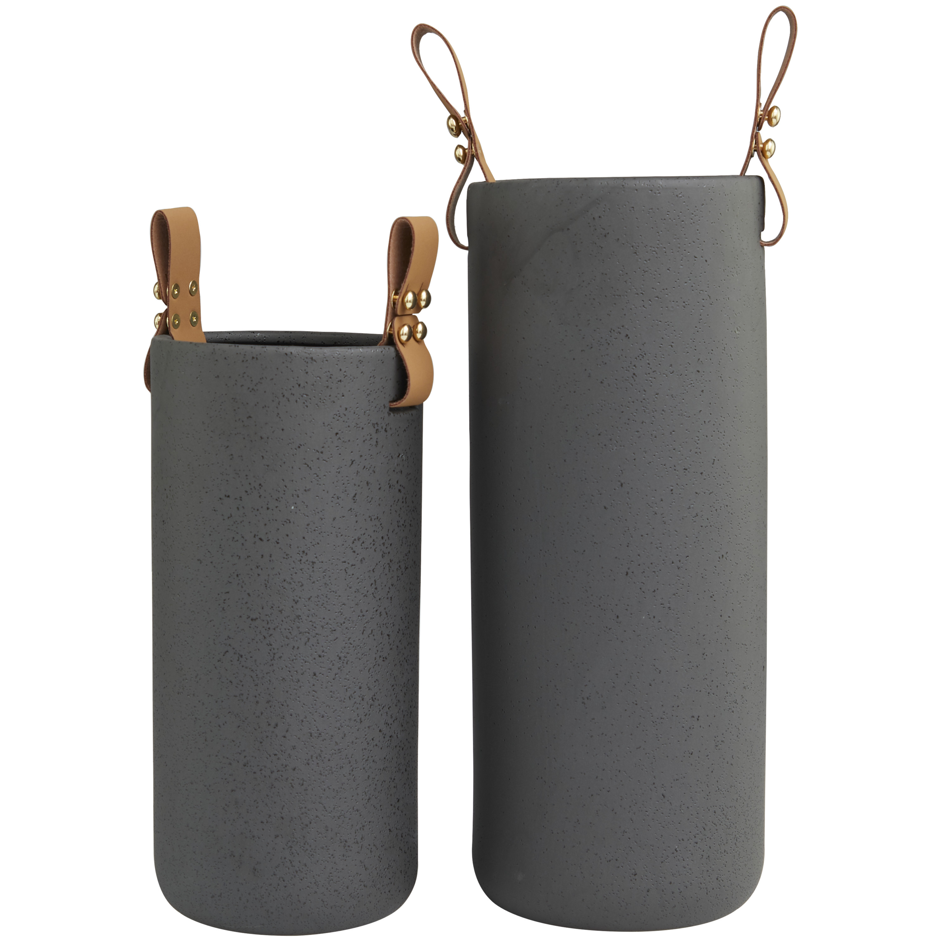DecMode 15", 12"H Black Ceramic Vase with Leather Handles, Set of 2