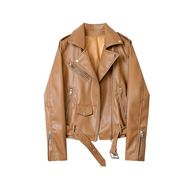 Spring and Autumn 2024 The new belt detachable epaulet motorcycle jacket leather jacket camel M