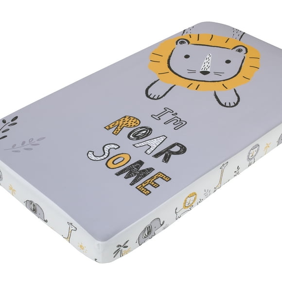 Little Love by NoJo Roarsome Lion Grey, Yellow, White Photo Op Fitted Crib Sheet, Unisex, Infant Nursery, Polyester