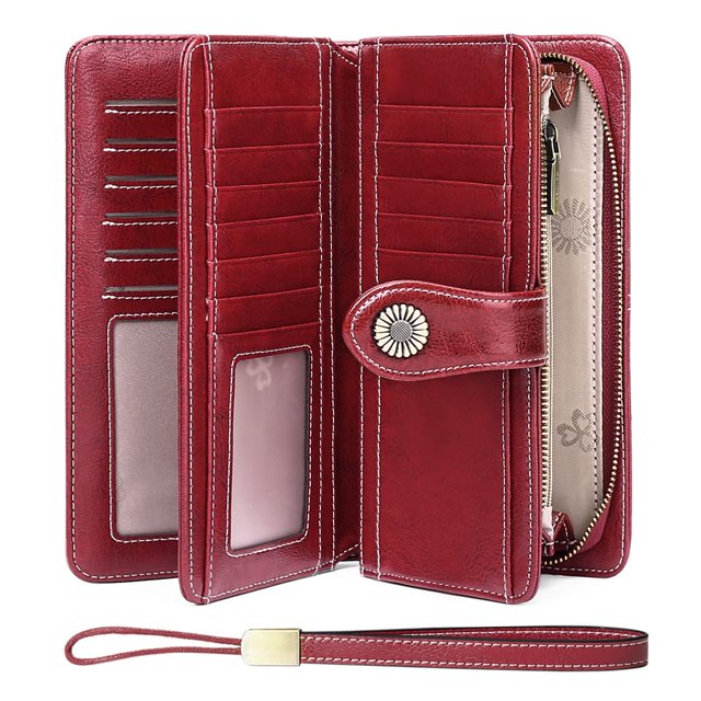 Cartera de piel para mujer, cartera grande para mujer, con protección RFID, bloqueo, cartera larga de gran capacidad con 24 ranuras para tarjetas y correa de mano extraíble, color vino tinto