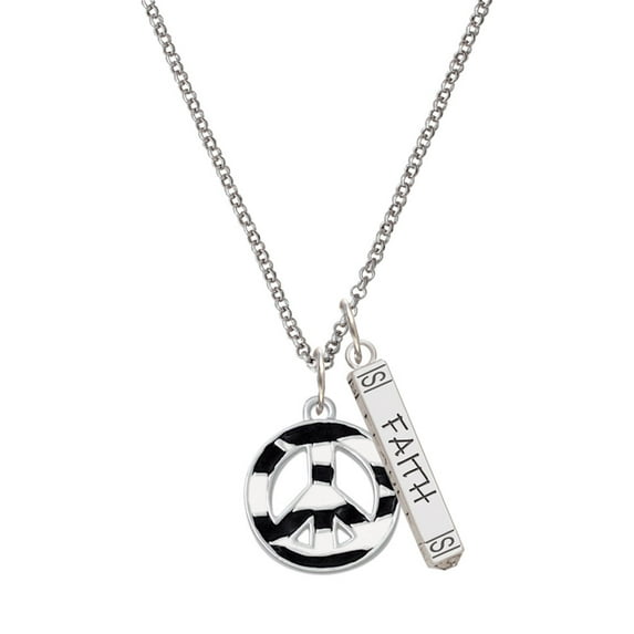 Delight Jewelry Silvertone Large Zebra Print Peace Sign Silvertone Believe Faith Prayer Hope Bar Charm Necklace, 23"