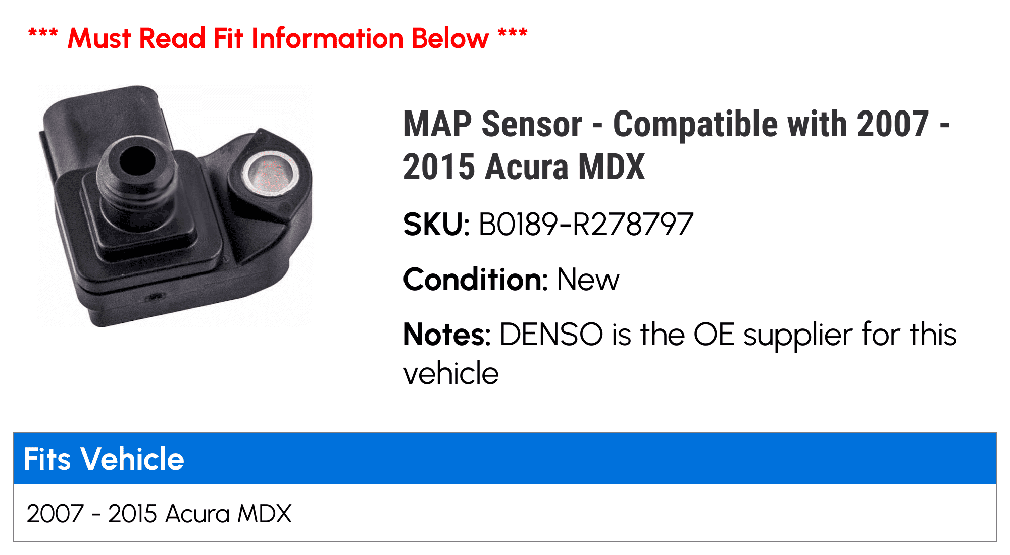 MAP Sensor - Compatible with 2007 - 2015 Acura MDX 2008 2009 2010 2011 2012 2013 2014