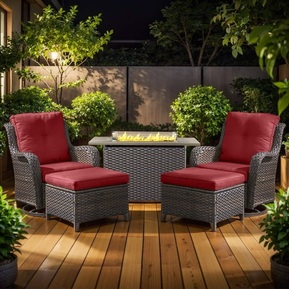 Gymojoy 5-Piece High Back Outdoor Wicker Conversation Set with Swivel Chairs, Ottoman & 50,000 BTU Fire Pit Table - Patio Furniture Set for Deck, Porch, Poolside