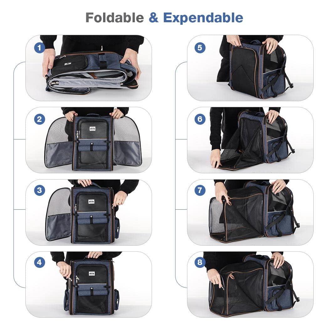 Extra Large Expandable Cat Backpack Carrier, Pet Carrier Backpack for Small Dogs & Medium Cats, Supports Up to 18 Lbs, Foldable Design for Travel Hiking Outdoor Use, Breathable Pet Backpack, Blue
