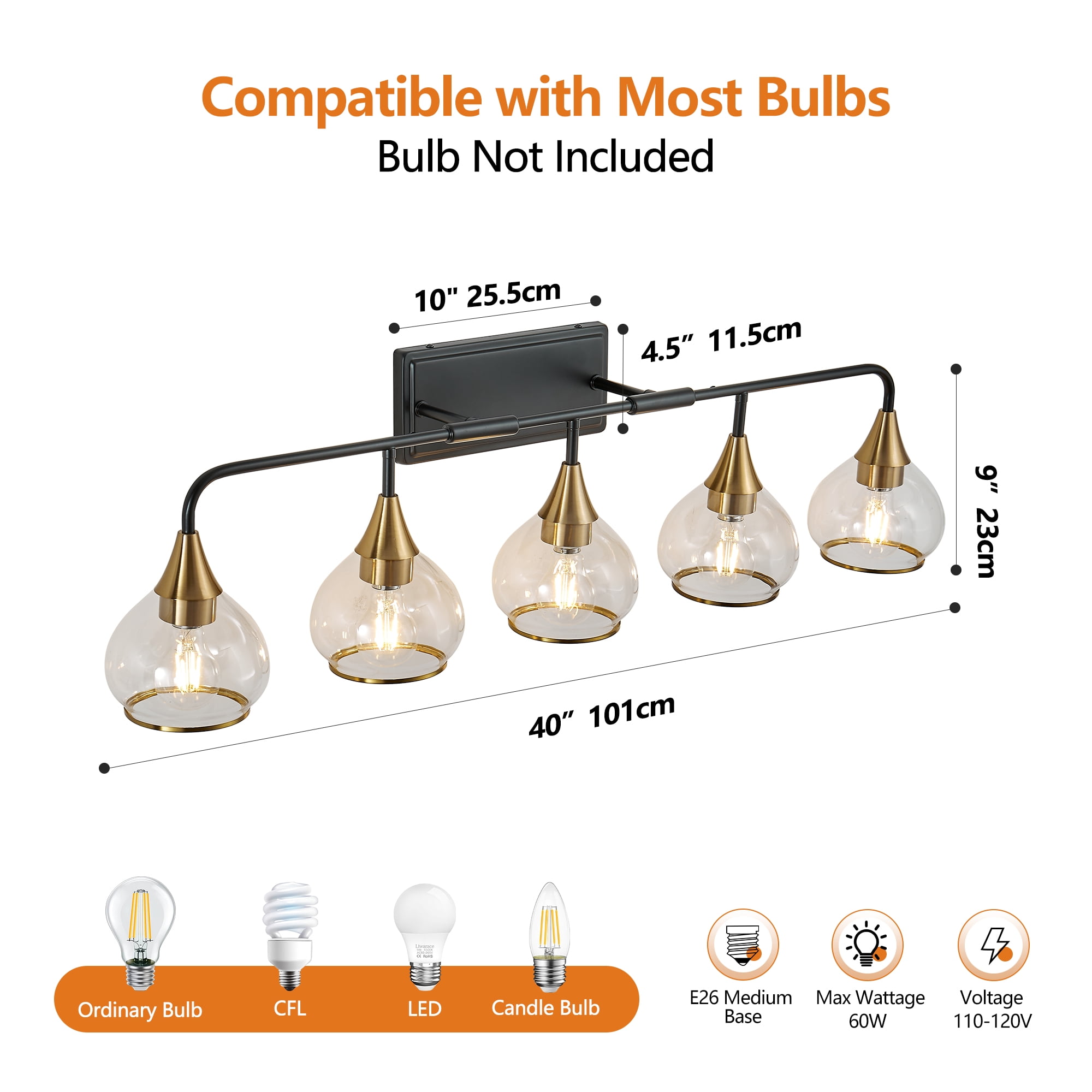 40" Modern 5-Light Vanity Light - Black and Gold Industrial Wall Sconce for Bathroom Mirror, Living Room, Hallway with Clear Glass Shades (Bulb Not Included)