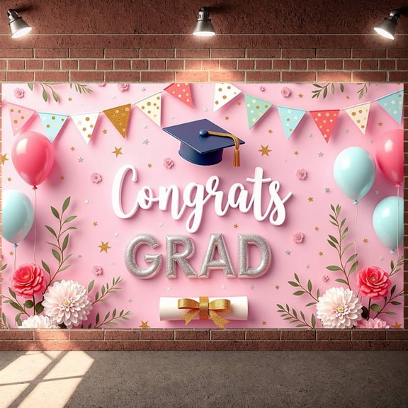 Pink Theme Graduation Banner Colorful Balloons Grad Display Gold Stars Floral Decor Congrats Backdrop for Graduation Party College Grad Graduation Ceremony
