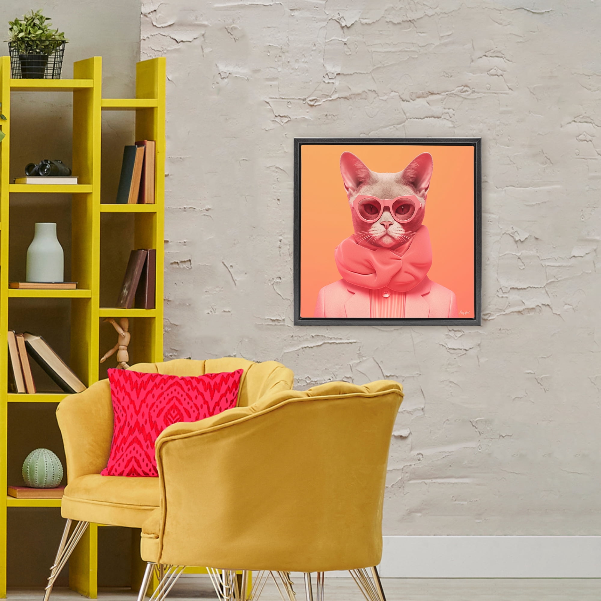 Stupell Industries Retro Glasses Cat on Orange Black Framed Floater Canvas Wall Art, design by Roozbeh