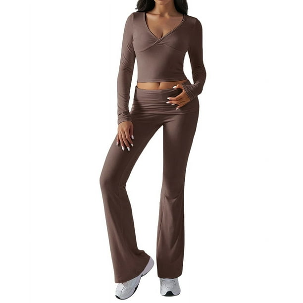 Conjunto Deportivo de 2 Piezas para Mujer, Camiseta de Larga, Pantalones Acampanados, Chándal Informal, Color Café, Talla XL