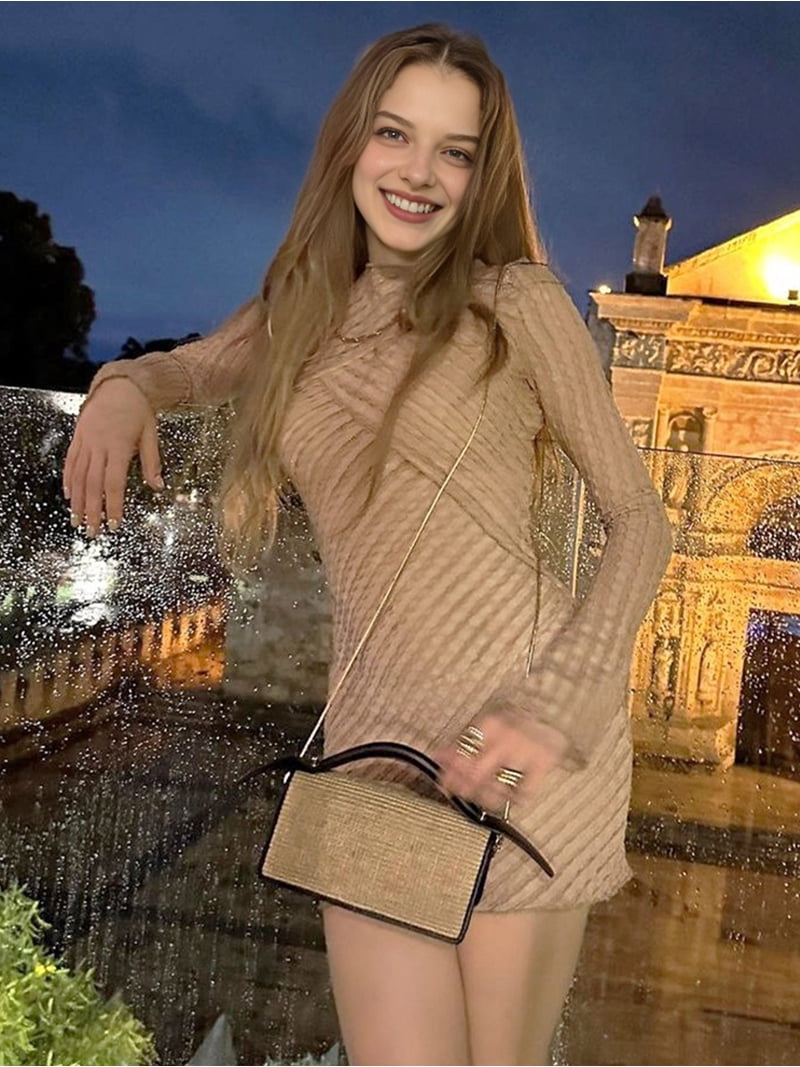 long sleeve tank dress Womens Textured Scoop Neck Long Sleeve Tank Dresses Bodycon Mini Dress Khaki S