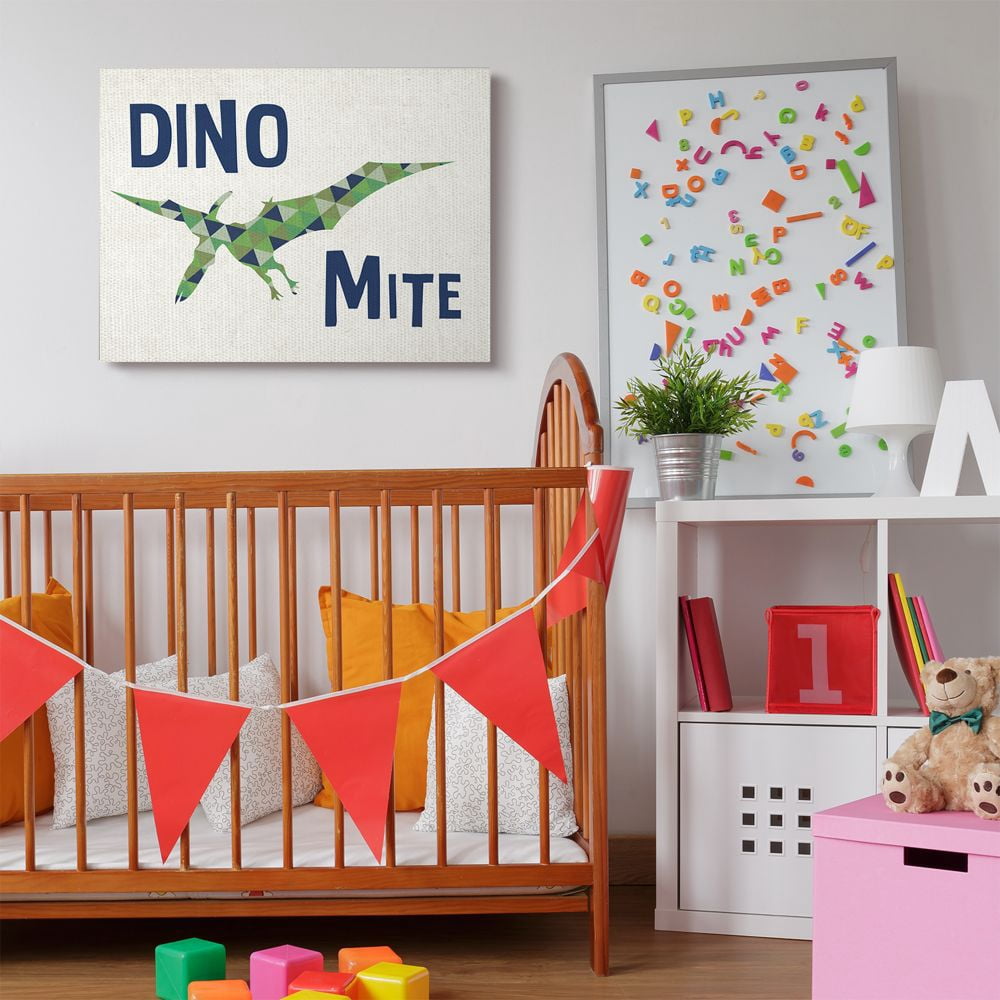 The Kids Room by Stupell Dino Mite Blue Green Dinosaur Kids Word Design Canvas Wall Art by Daphne Polselli