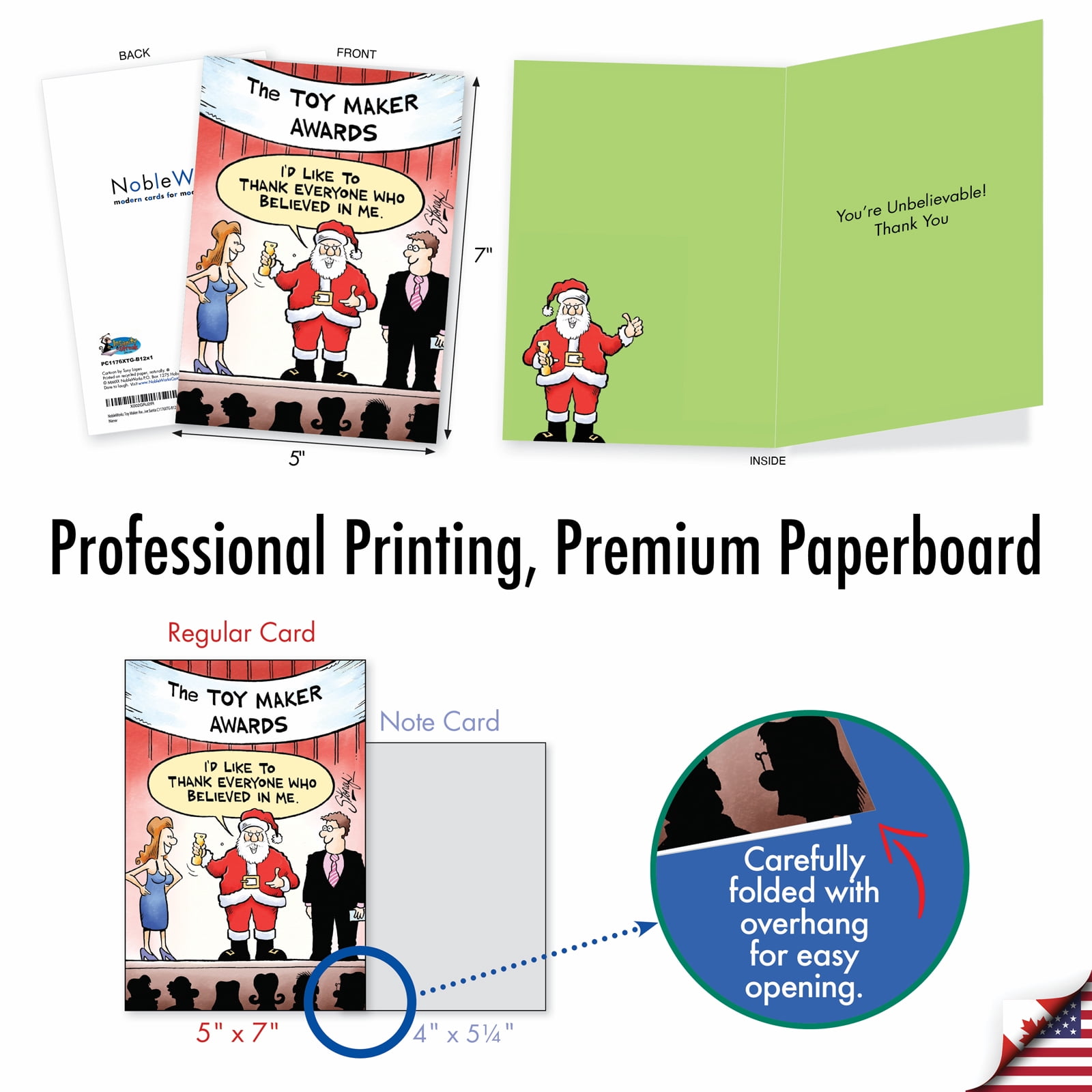 12 Funny Christmas Thank You Greeting Cards Bulk Set with 5 x 7 Inch Envelopes - Saint Nick Giving Award Acceptance Speech Onstage