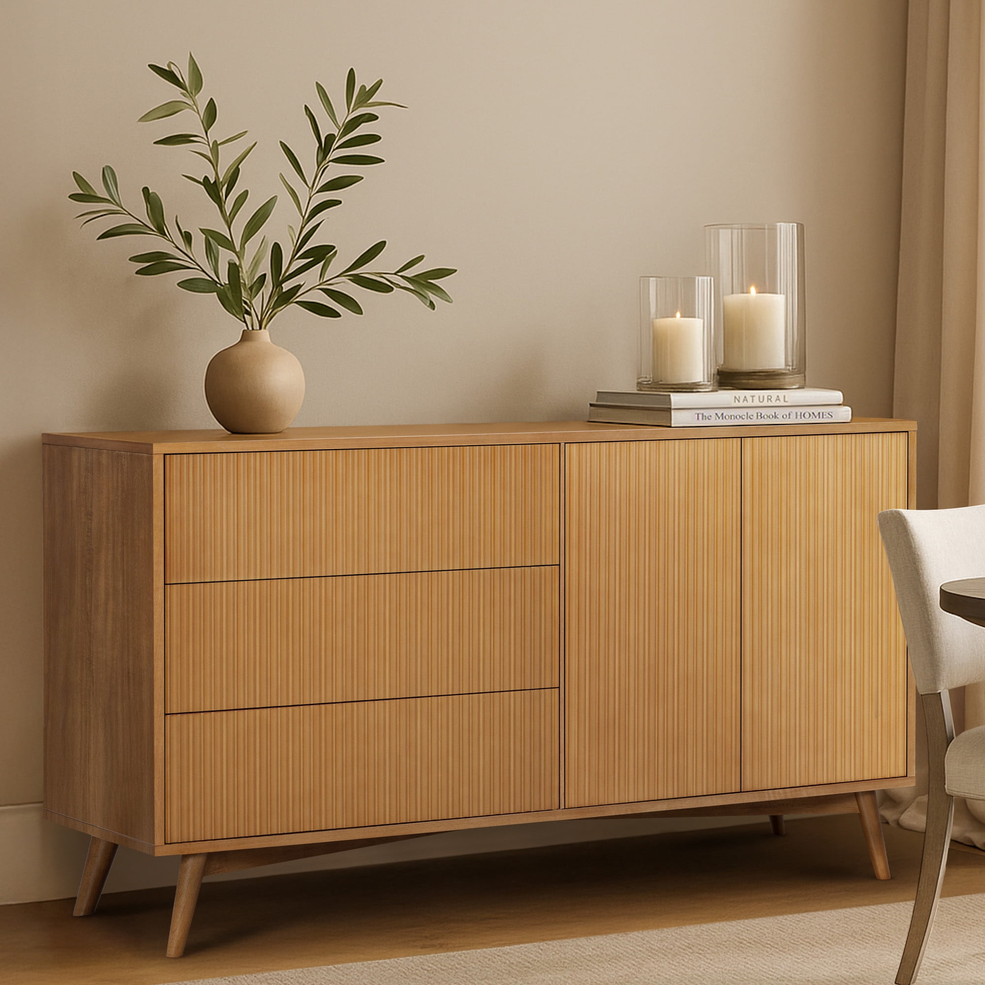 Tremolo 3-Drawer 2-Door Wood Sideboard Cabinet, Natural – Teamson Home: Push-Open Storage & Contemporary Fluted Fronts for Living or Dining Room