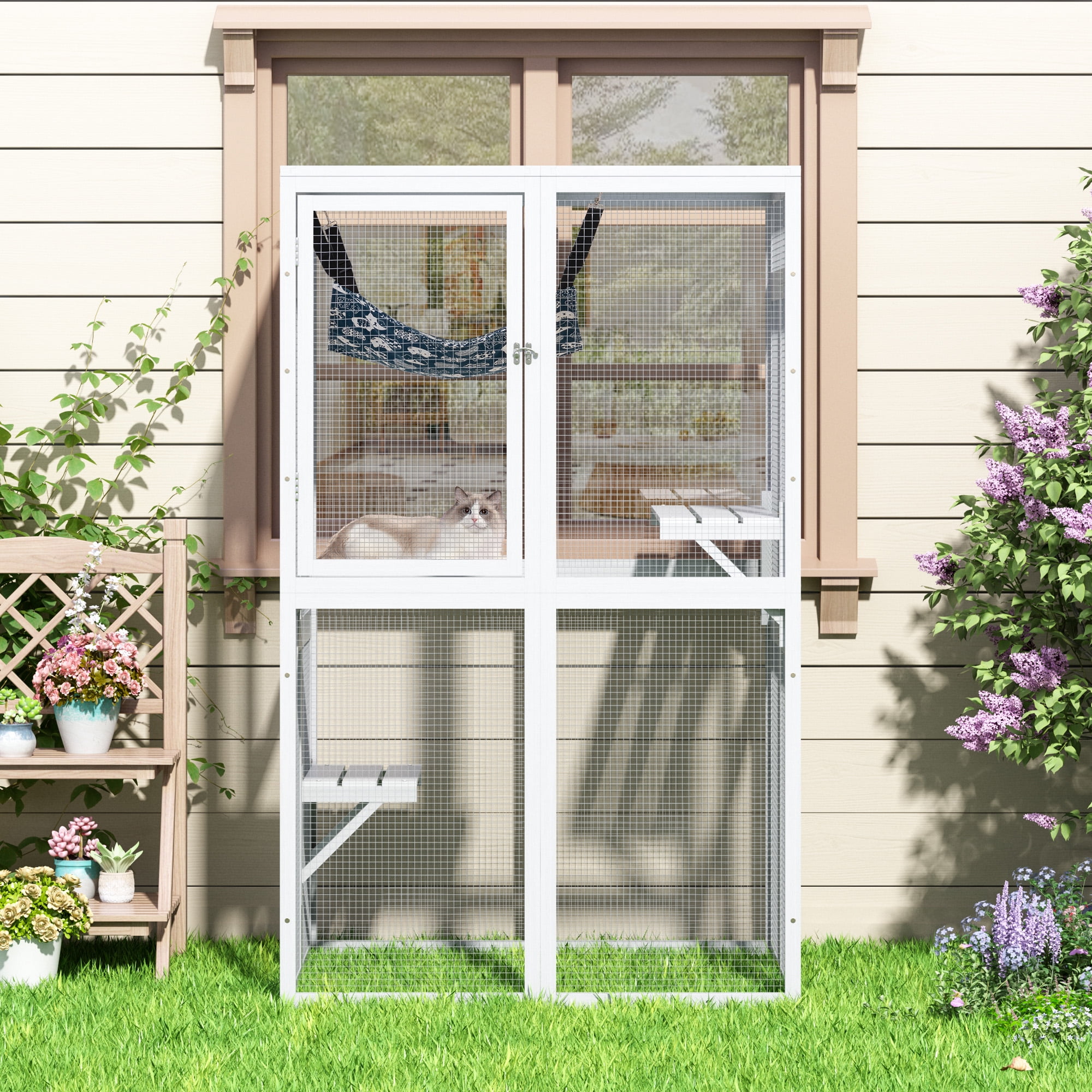 COZIWOW Catio Outdoor Cat Enclosure Window Access, Wooden Cat House Cage Indoor， White