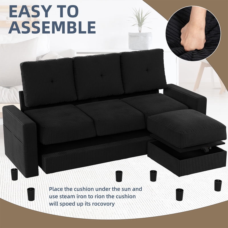 Walsunny 76.4" Convertible Sectional Sofa, L Shaped Sectional Sofa with Side Pocket, 3 Seat Sofa Couch with Storage Ottoman for Small Living Room, Apartment, Bedroom, Black